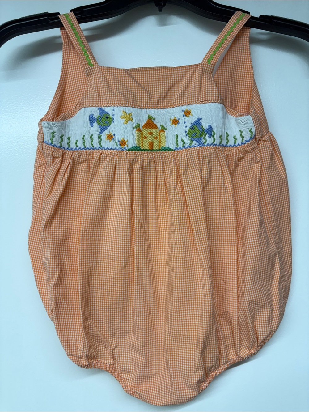 Orange Gingham Smocked Bubble Romper with ocean smocking